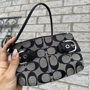 Coach Signature Leather Wristlet Pouch – Black & Grey Y2K Mini Purse